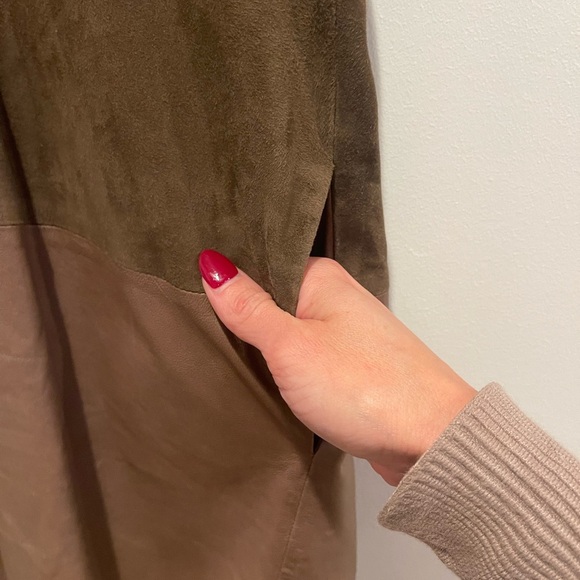 Vince Size XS Brown Green Genuine Leather V-Neck Shift Dress Pockets - Picture 5 of 8